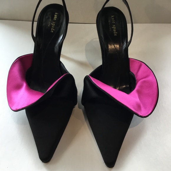 Kate Spade Fuschia and Black Satin sling back evening shoe. Size 10 Heel is 4". - Picture 1 of 5